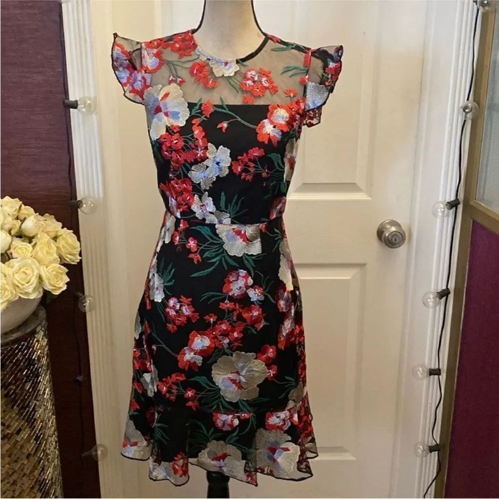 Donna Morgan Black Dress with Red and White Floral Design, US0
